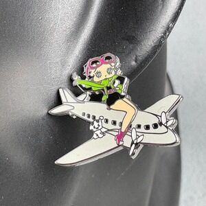 Betty Boop Aviator Airplane Enamel Stud Earrings Silver Tone Vintage Style